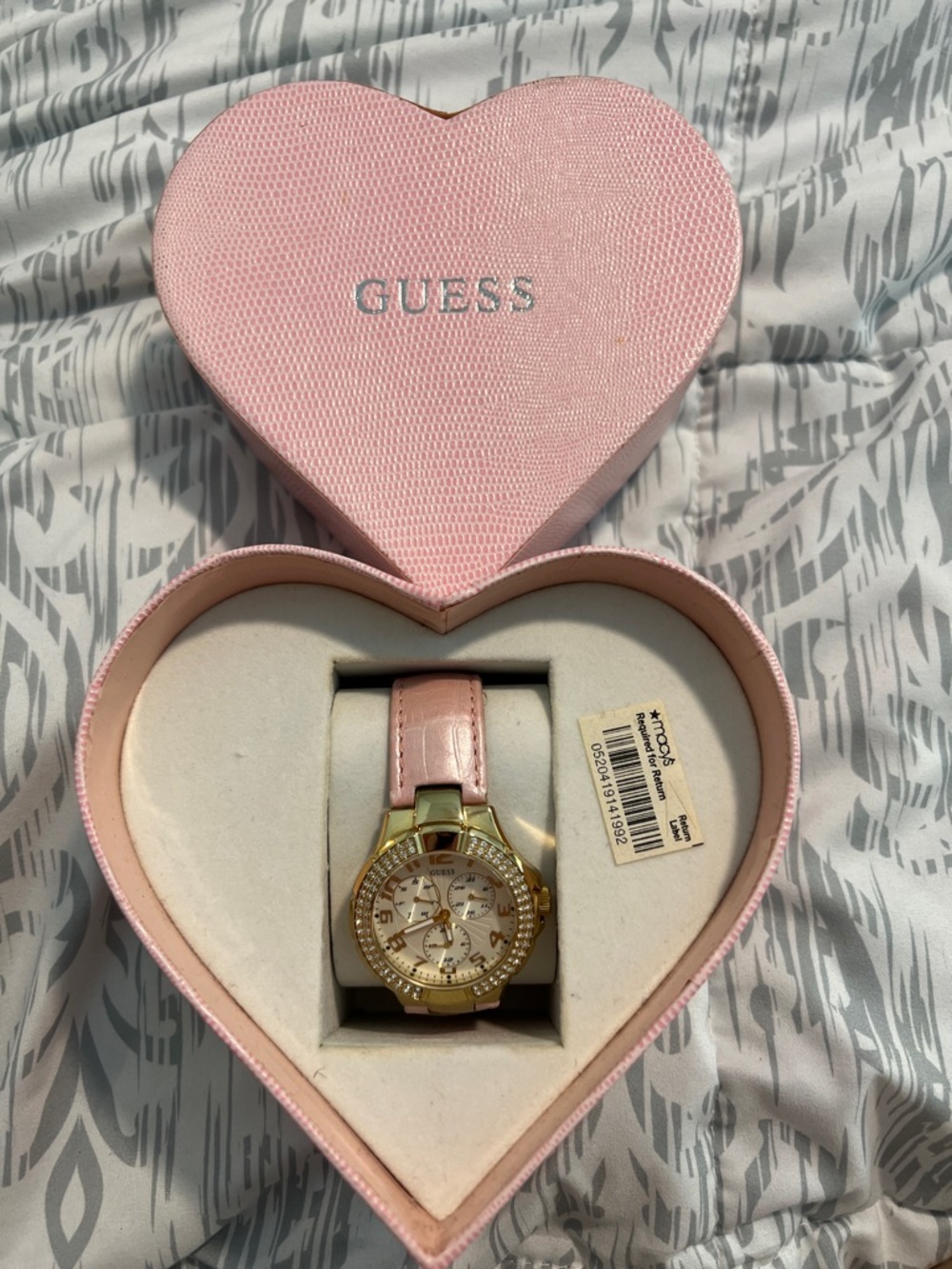 GUESS Gold-Tone Watch with Pink Leather Strap and Crystal Accents